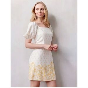 LC‎ Lauren Conrad short puff sleeve floral summer mini dress Butter Yellow Large